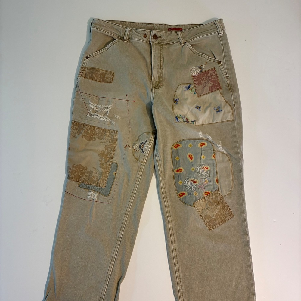 Anthropologie Pilcro Womens 32 Patchwork Embroidered Straight Leg Pants Tan